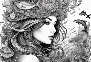 Ethereal woman of the sea surrounded by deep sea creatures. tattoo idea