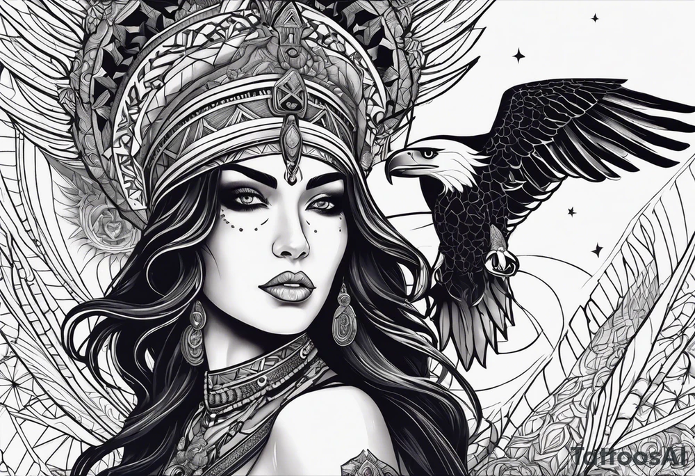 black kali, goddess pirate, alien, pachamama, valkrye, warrior, skull, lotus azul, wing, eagle, zenza resonance, stars, 5D, anahata chakra tattoo idea