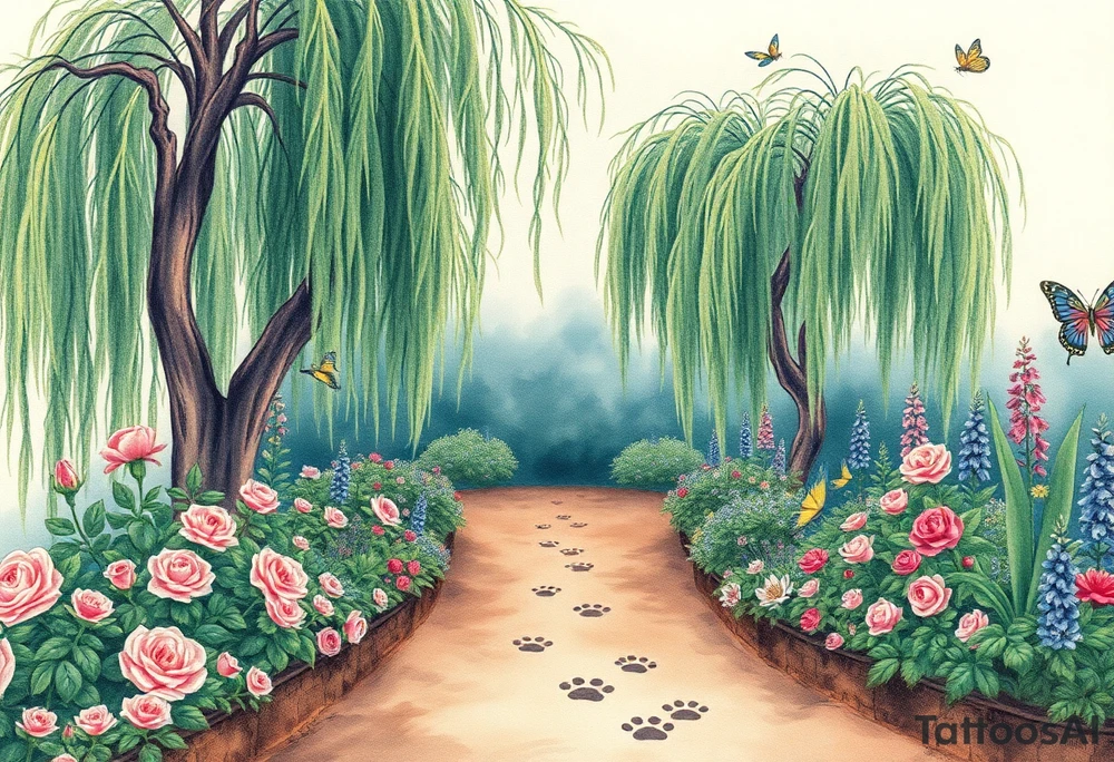 weeping willow garden with roses and liles flower beds. fantasy creatures, fairies, mermiads, dragons butterflies,  cat paw prints path in dirt. tattoo idea