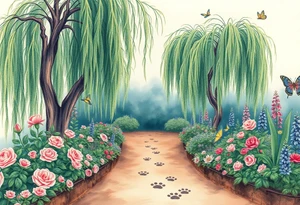weeping willow garden with roses and liles flower beds. fantasy creatures, fairies, mermiads, dragons butterflies,  cat paw prints path in dirt. tattoo idea