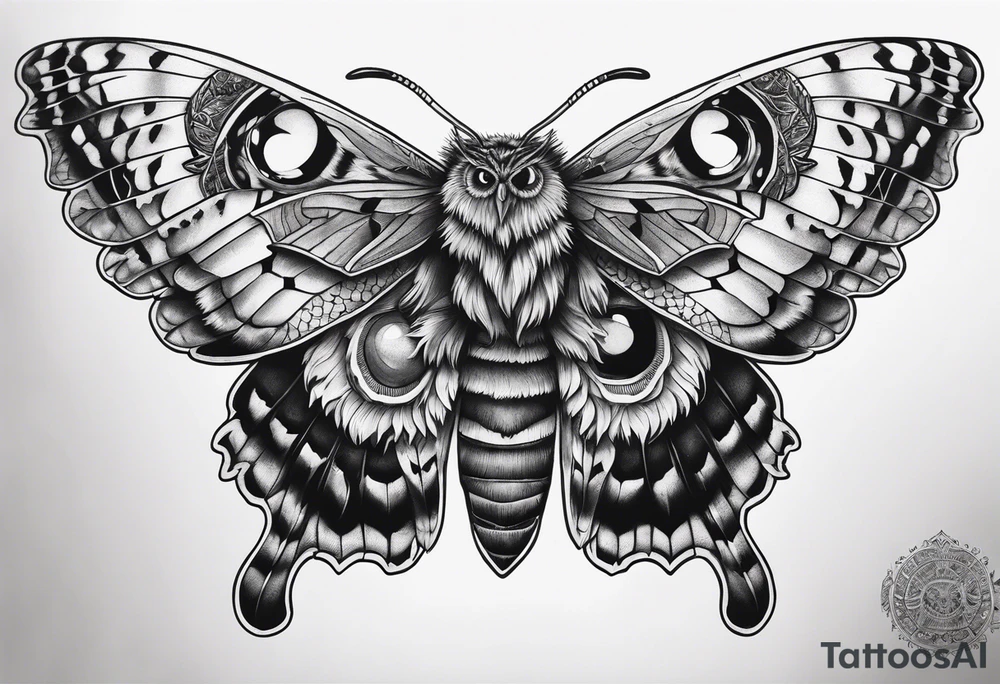 Dead head moth with long wings and owl eyes tattoo idea