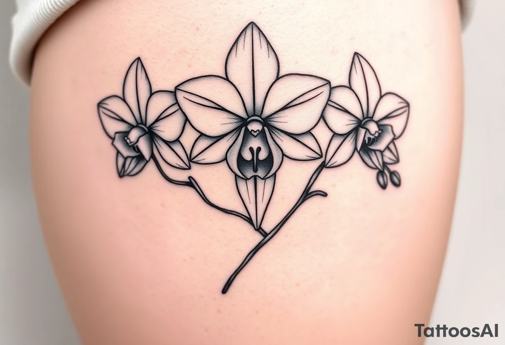 Draw of three fine line orchids different size realistic, the central part resembles a vagina. Are connected with branches tattoo idea