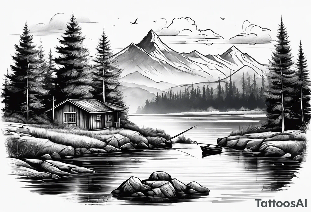 landscape and fishingpole and line with hook tattoo idea