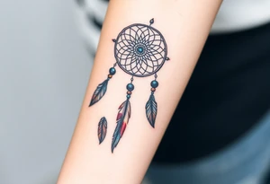 native dreamcatcher with flowing feathers and sacred beads tattoo idea