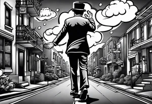 Monopoly man walking down a urban street with scattered xzanax bars and clouds with praying hands used for fillers tattoo idea