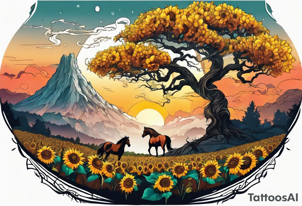 Yggdrasil tree, horse in front of it, and sunflowers tattoo idea