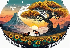 Yggdrasil tree, horse in front of it, and sunflowers tattoo idea
