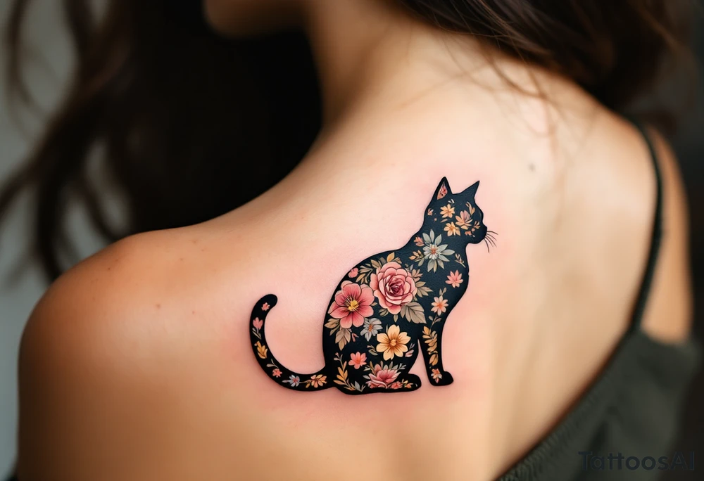 Floral Cat Silhouette – A dark brown silhouette filled with intricate floral patterns placed on shoulder blade soft colors like rose, olive green, and beige. tattoo idea