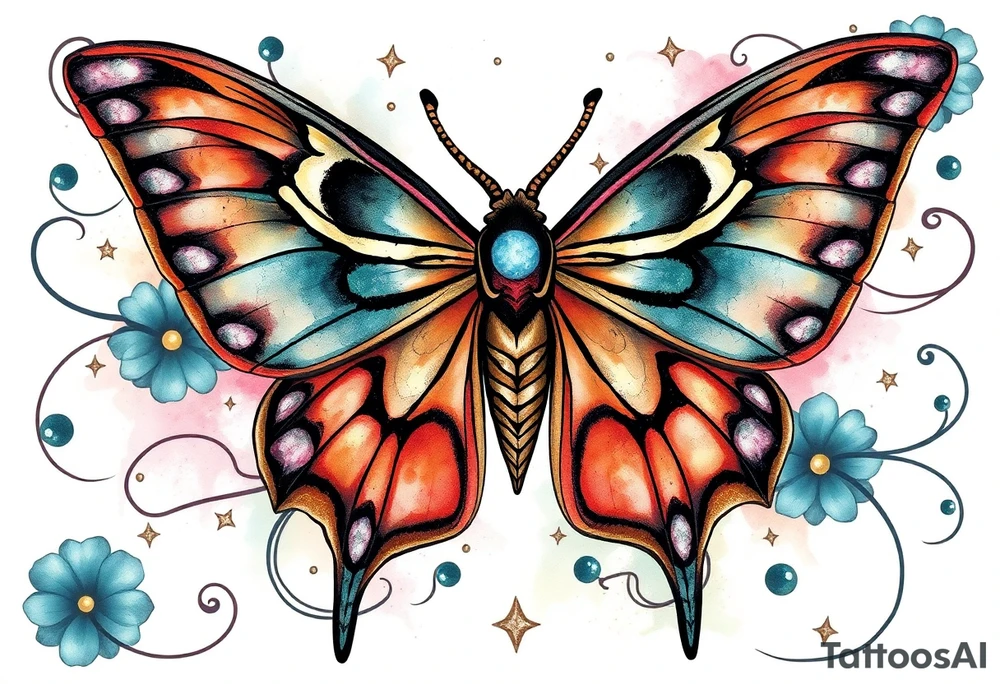 Beautiful Luna moth surrounded by flowing lines and celestial designs tattoo idea