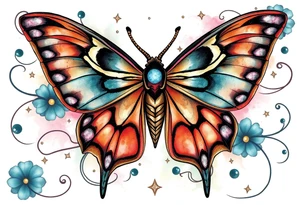 Beautiful Luna moth surrounded by flowing lines and celestial designs tattoo idea
