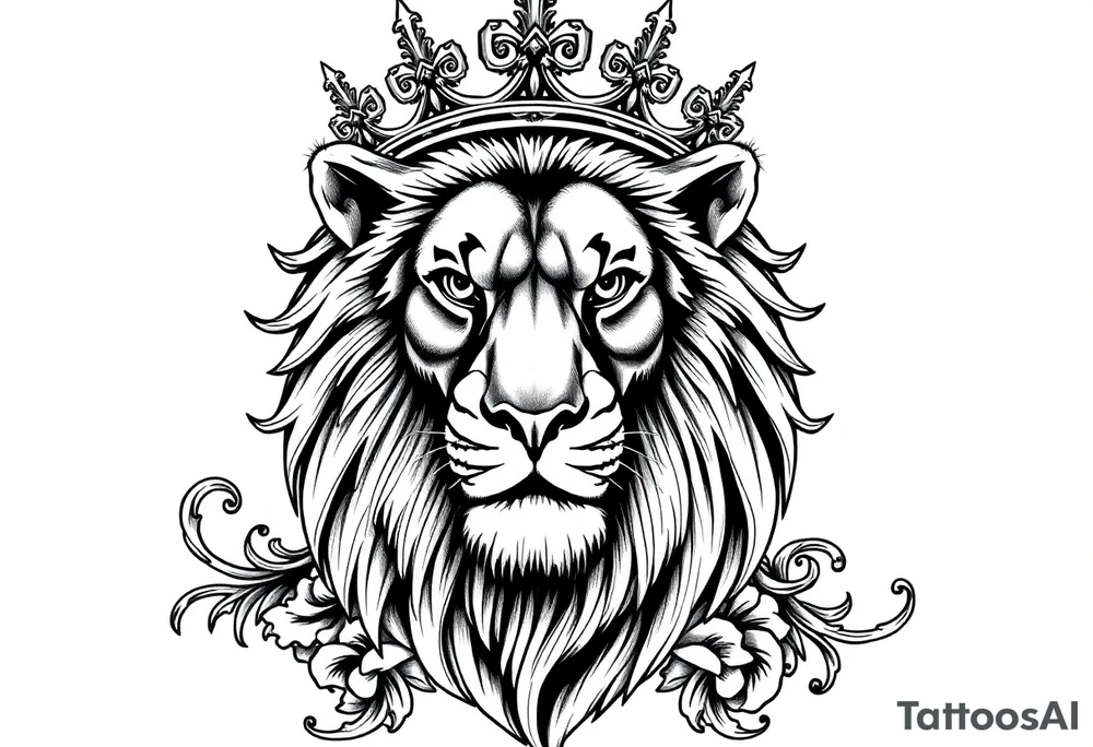 majestic lion wearing ornate crown, surrounded by baroque flourishes tattoo idea