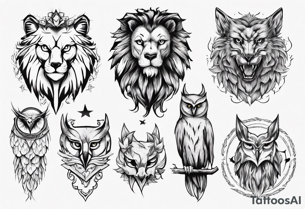 A lion, an owl, a wolf tattoo idea