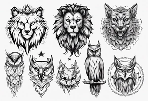 A lion, an owl, a wolf tattoo idea