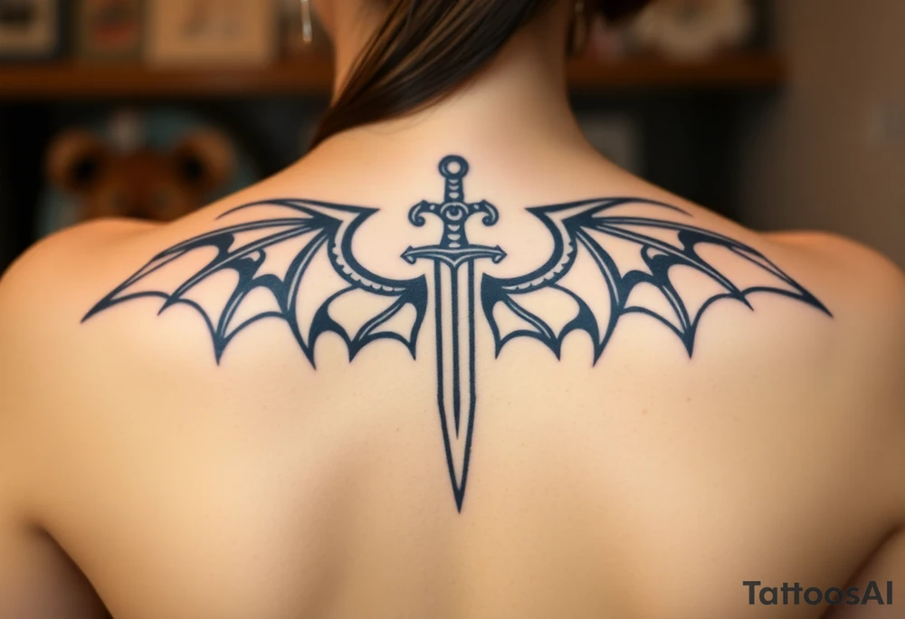 Dragon wings with sword in middle tattoo idea