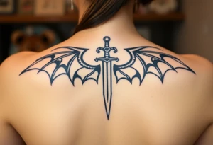 Dragon wings with sword in middle tattoo idea