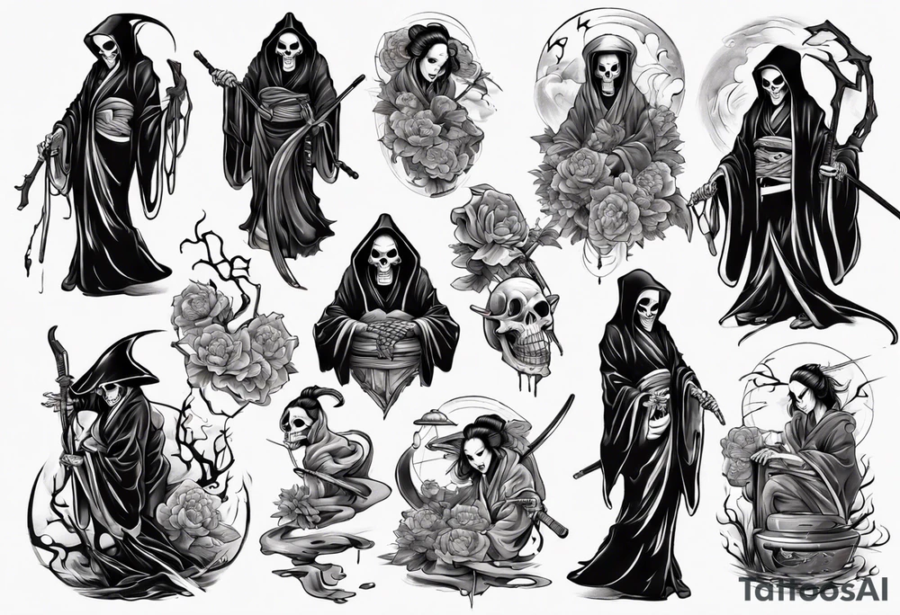 grim reaper who is also a geisha tattoo idea