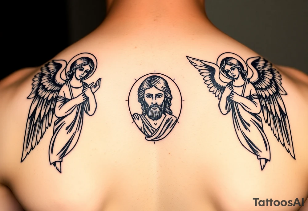 russian orthodox symmetrical guardian angel icon on left and right side of back with both angels holding up a jesus potrait tattoo idea