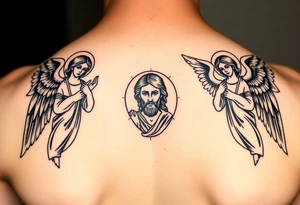 russian orthodox symmetrical guardian angel icon on left and right side of back with both angels holding up a jesus potrait tattoo idea