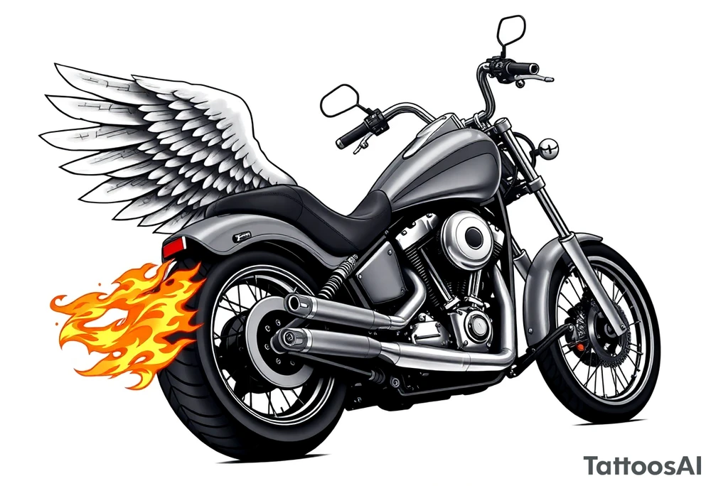 Low rider grey motorcycle, big muffler pipes with flames, angel wings, driving away, no person tattoo idea
