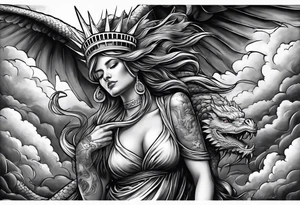 Hot girl as Statue of Liberty with dragon protecting her, full head in clouds tattoo idea
