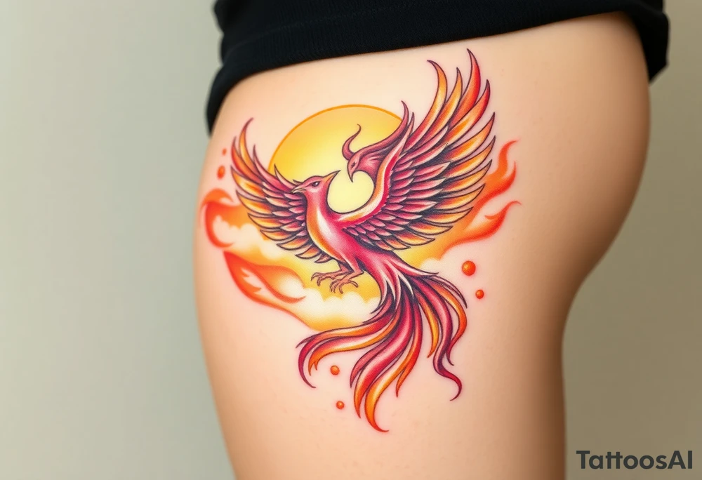 magnificent phoenix rising from flames with trailing embers pinks golds orange and yellows with a golden sunset and sky with puffy clouds and heaven backdrop tattoo idea