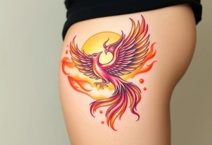 magnificent phoenix rising from flames with trailing embers pinks golds orange and yellows with a golden sunset and sky with puffy clouds and heaven backdrop tattoo idea