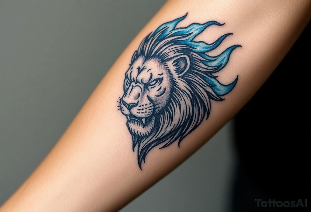 Powerful, fierce stoic lions head, whose mane turns into blue flames that swirl up my arm with blue embers tattoo idea