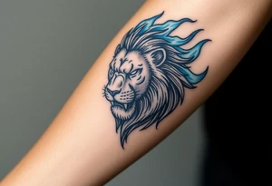 Powerful, fierce stoic lions head, whose mane turns into blue flames that swirl up my arm with blue embers tattoo idea