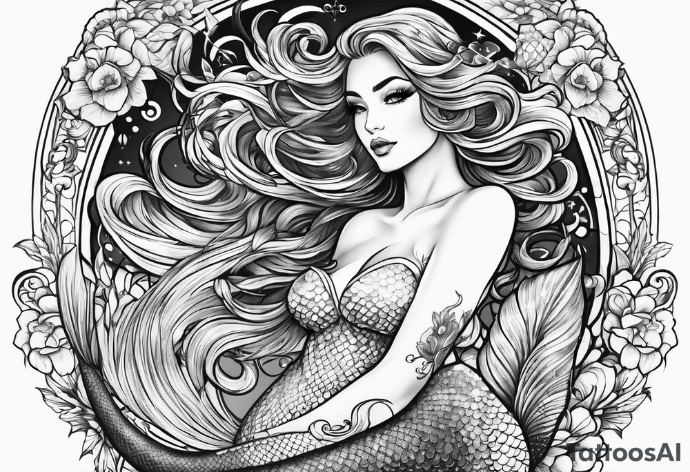 mermaid in line art american tattoo vintage style full body tattoo idea