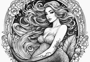 mermaid in line art american tattoo vintage style full body tattoo idea