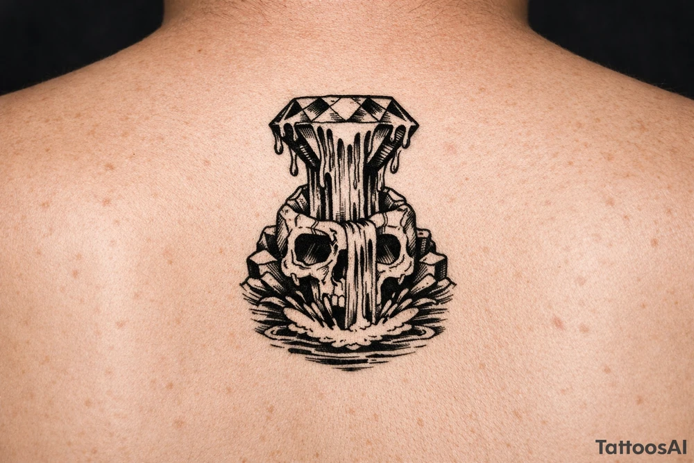 Diamond melting like a colorful waterfall running into a waterfall skull tattoo idea
