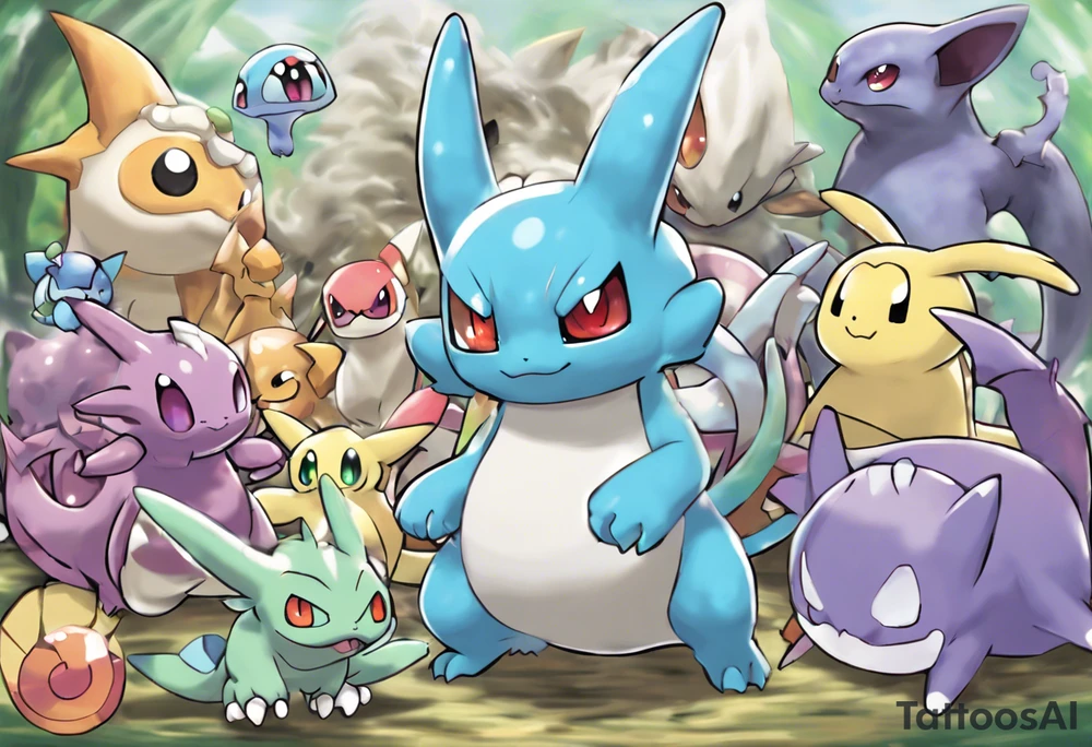 Mew*
Dratini*
Dragonair*
Dragonite*
Victini*
Applin*
Flapple*
Dragapult*
Cynthia and Garchomp
Meloetta
Jigglypuff*
Gengar*
Furret
Ampharos*
Sharpedo
Flygon 
Gothitelle
Chandelure 
Haxorus
Tyrunt 
Rowlet*
Salandit 
Togedamaru*
Mimikyu*
Drampa tattoo idea
