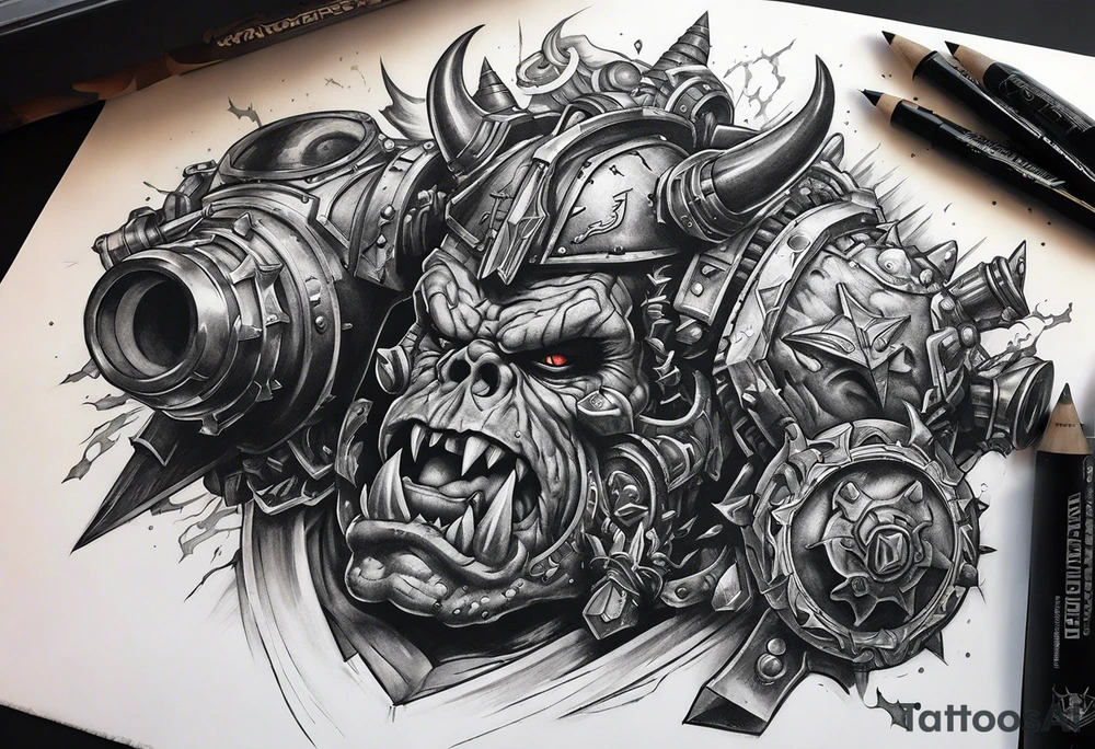 Full sleeve Warhammer orks machine theme tattoo idea