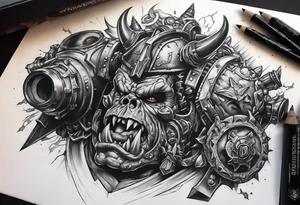 Full sleeve Warhammer orks machine theme tattoo idea