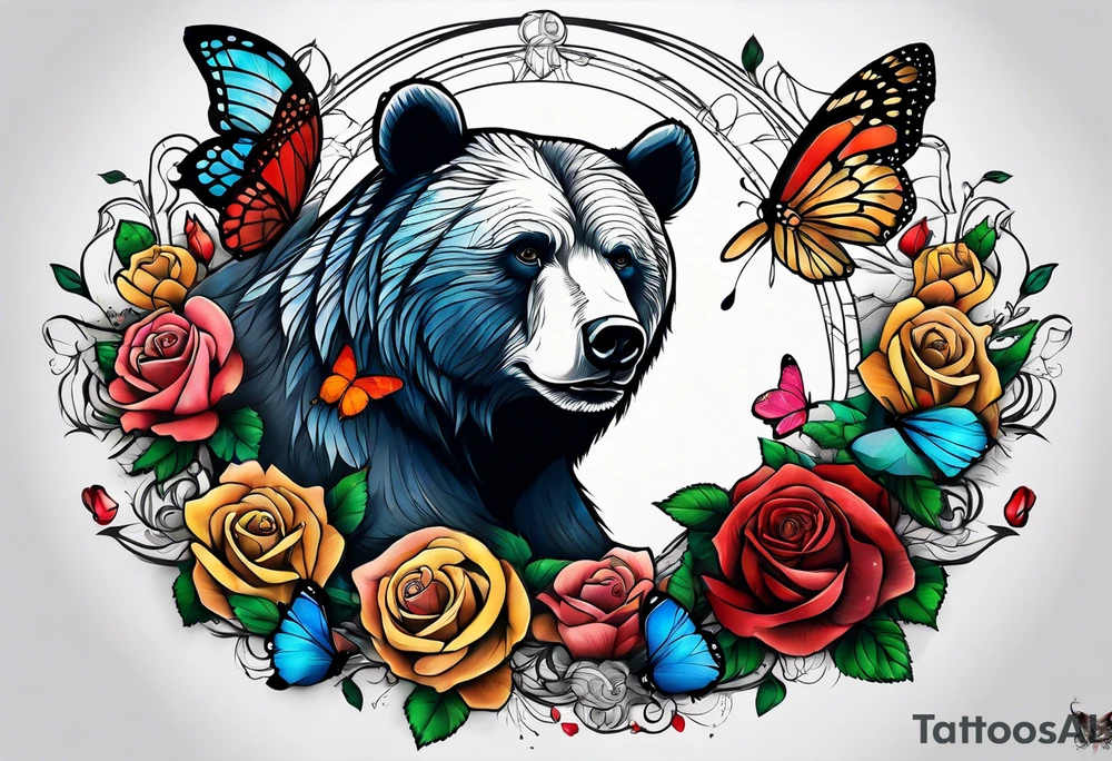 Bear under the tree of life with multiple colored roses and three butterflies for an upper arm tattoo. tattoo idea