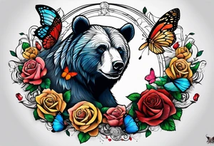 Bear under the tree of life with multiple colored roses and three butterflies for an upper arm tattoo. tattoo idea