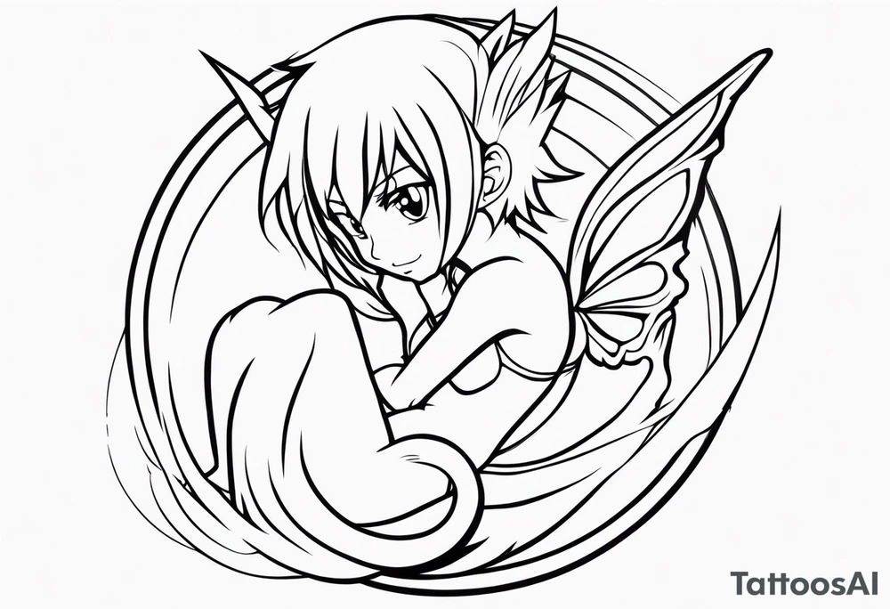 A fairy with a tail inspired by the logo of the anime show called Fairy Tail in a fetal position leaning in tattoo idea
