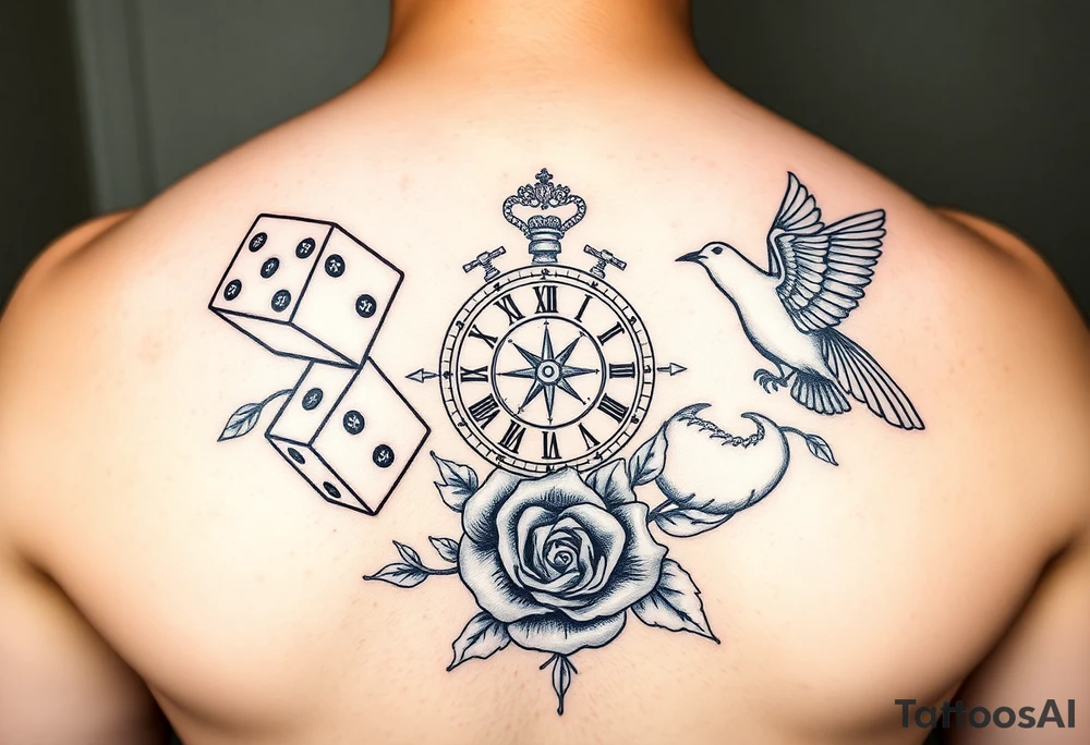 Dice cards money girls clock compass dove rose tattoo idea