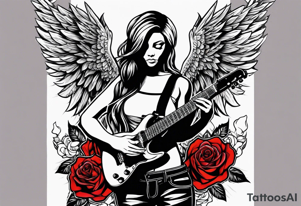 Beautiful angle standing from head to toe with wings and tattoos surrounded by roses holding a ak 47 tattoo idea