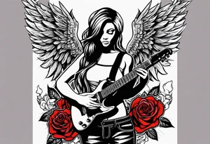 Beautiful angle standing from head to toe with wings and tattoos surrounded by roses holding a ak 47 tattoo idea