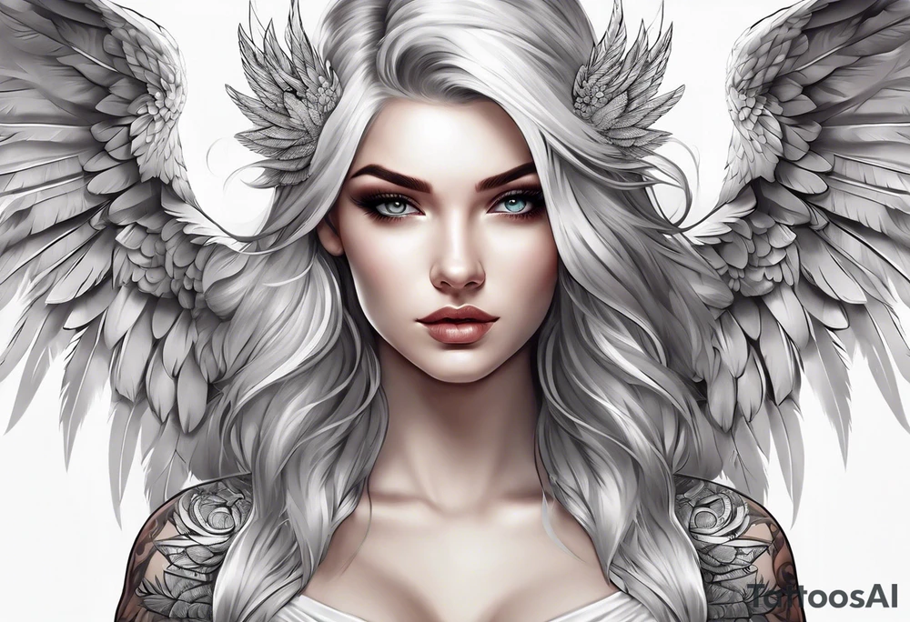 Beautiful woman angle with large white wrap around wings tattoo idea