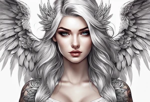 Beautiful woman angle with large white wrap around wings tattoo idea