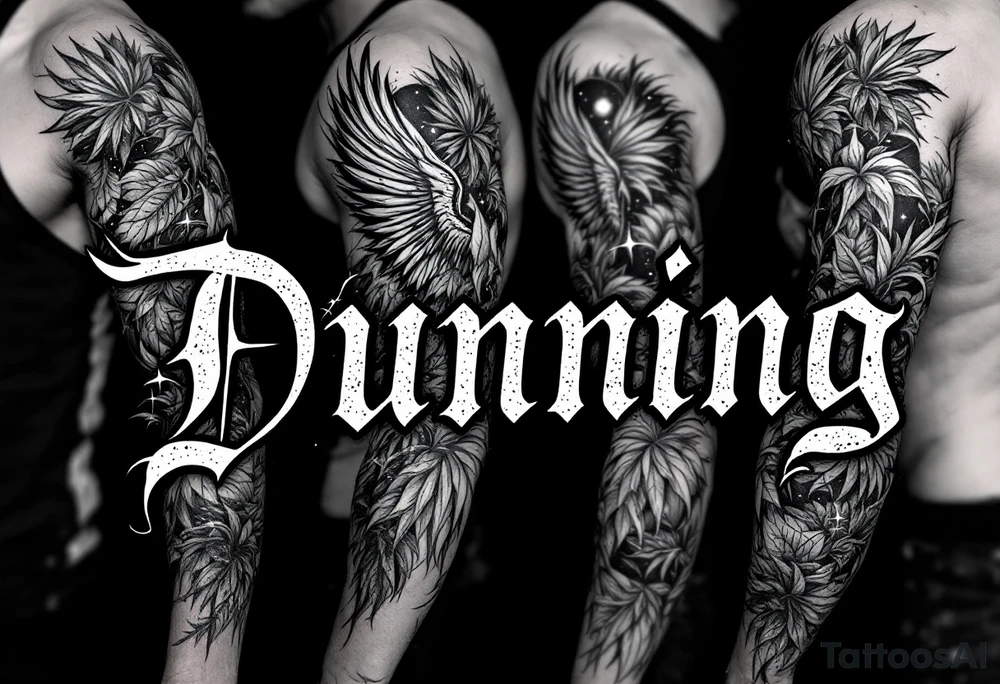 Dunning, Details include on left arm, name in white color,angel wing, wet jungle leaves,cool font, galaxy background filling, tattoo idea