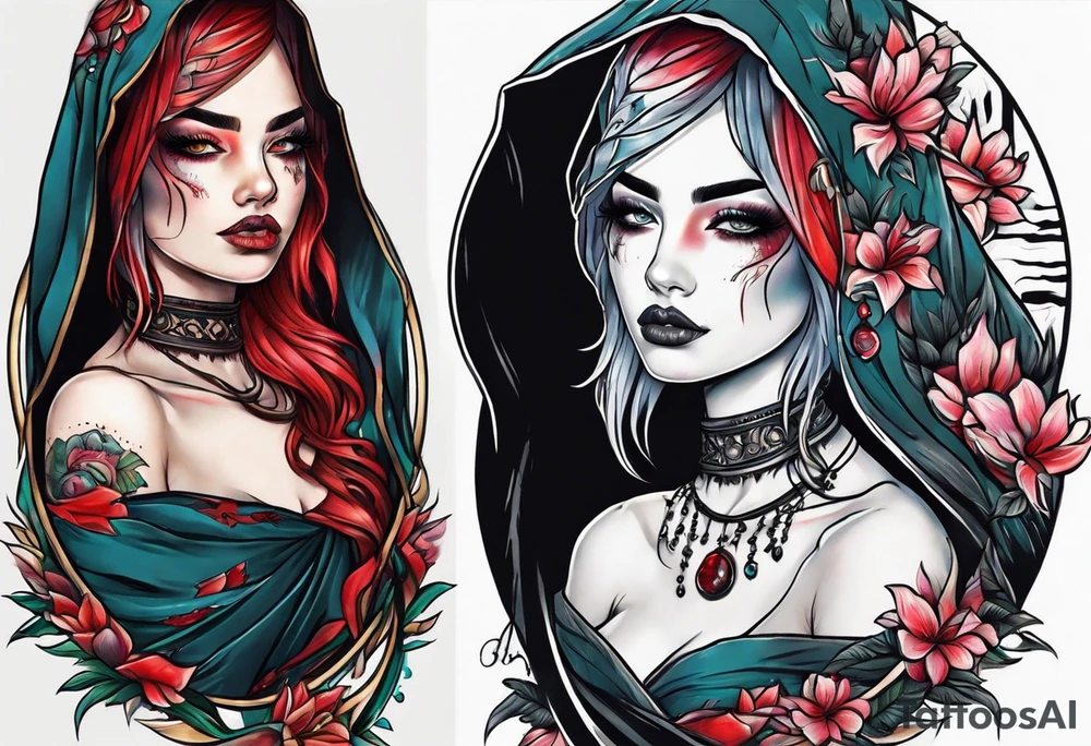 Neo traditional hooded woman tattoos under eyes blood scars hand with eye in palm tattoo idea