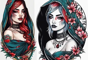 Neo traditional hooded woman tattoos under eyes blood scars hand with eye in palm tattoo idea