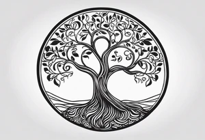Black and white folk art whimsical tree of life drawing with roots winding all over tattoo idea