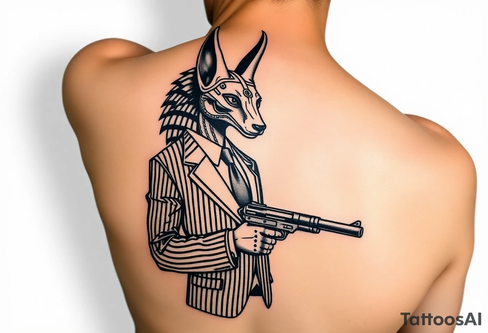 "Anubis in a 1920s gangster pinstripe suit, holding a tommy gun. His jackal head is half-cyborg (exposed circuits). Hieroglyph background spells 'BTC TO THE MOON'.  

Style: Art Deco meets cyber-Egyptian. Black/red/gold ink. Forearm sleeve." tattoo idea