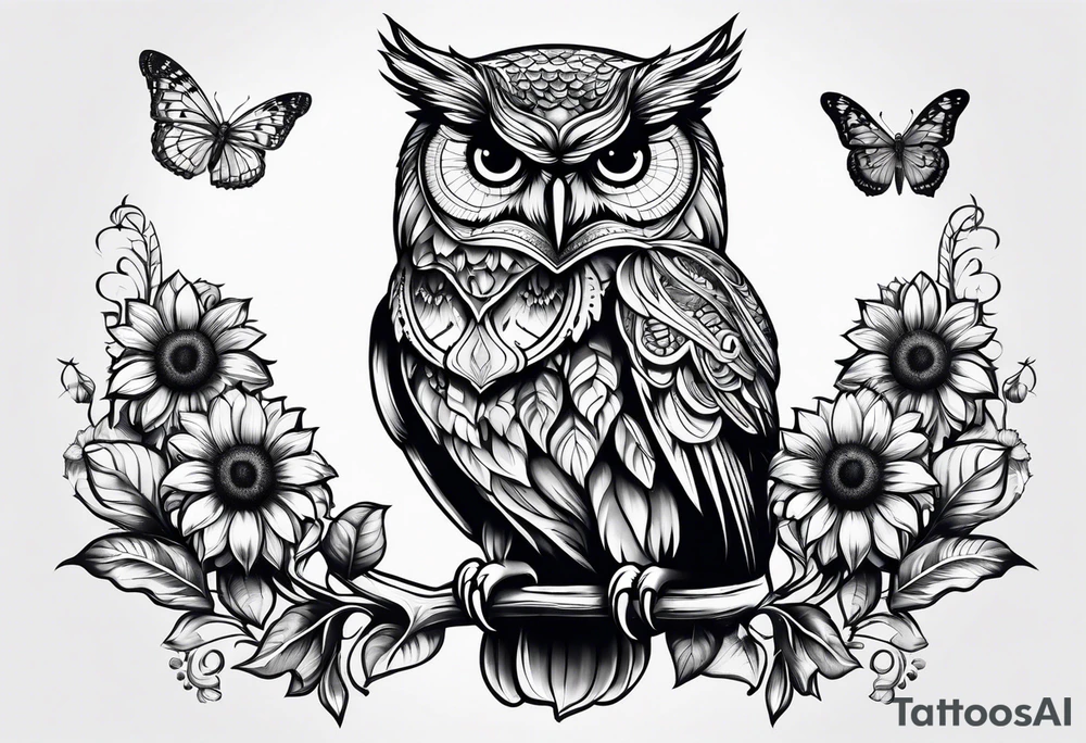 Owl with butterfly and sunflower tattoo idea