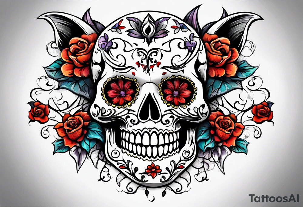 Flowers vines  bat sugar skull tattoo idea