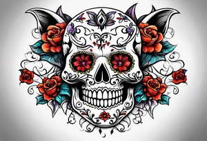 Flowers vines  bat sugar skull tattoo idea